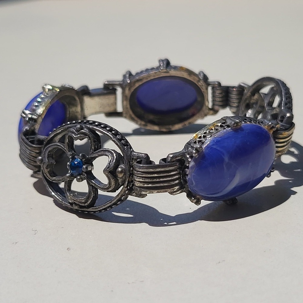 Vintage Link Bracelet Blue Marbled Faux Glass Floral Filigree 7.5 Inch